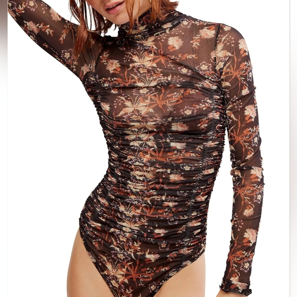 Free People Under It All Printed Bodysuit/Dark Black Combo